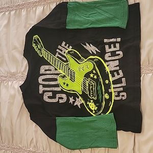 Boys size 7  black and green long tee shirt with guitar.